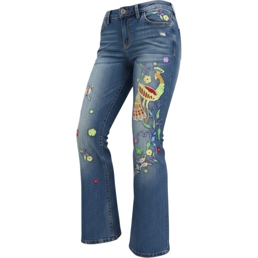 Sharagano Jeans Womens Blue Embroidered Floral Peacock Distressed Flare Y2K 28